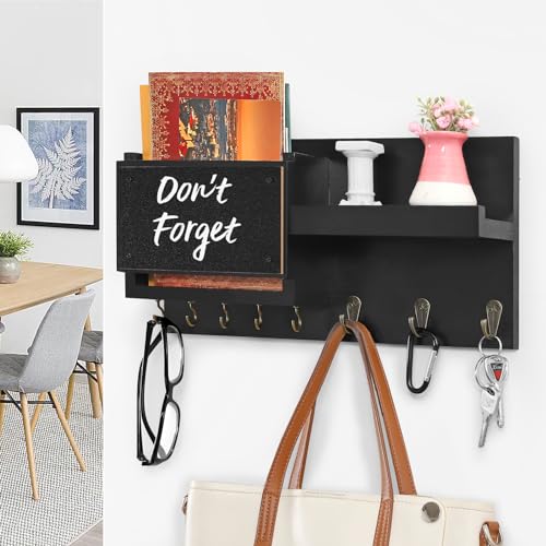 Decorative Key Hanging Rack with 8 Hooks – Easy Install Natural Wooden Key and Mail Holder for Wall Mount – Sunglasses Wallet Holder Entryway Decor with Shelf and Chalkboard (Coal Black) - color: Coal Black