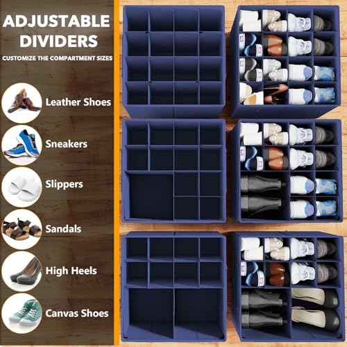 SpaceAid Shoe Organizer for Closet, 2 Pack Foldable Shoe Storage Containers Baskets Boxes Bins w/Adjustable Dividers, Fits 16-32 Pairs, Blue - color: Blue