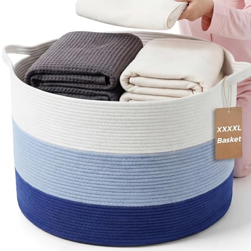 XXXXL 125L Extra Large Blanket Basket, 23.6" x 16.9" Jumbo Woven Cotton Rope Storage Basket with Handles, Laundry Hamper, Toy Storage for Living & Play Room(White, Blue & Dark Blue) - color: White, Blue & Dark Blue