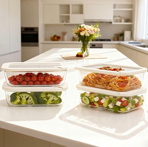 Urban Green Glass Food Storage Containers with Glass Lids, Microwave Safe Food Container Set, Airtight Food Container Set, LeakProof, 100% Plastic Free, White Color, 4pack - color: ‎Ivory White -4s