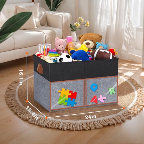 2 Pack Large Toy Storage Box with Clear Lids Collapsible Toys Chest Organizer Bin Basket with Adjustable Dividers for Kids Boys Girls Living Room Nursery Playroom Closet Black and Grey - color: Black and Grey, size: 2 Pack