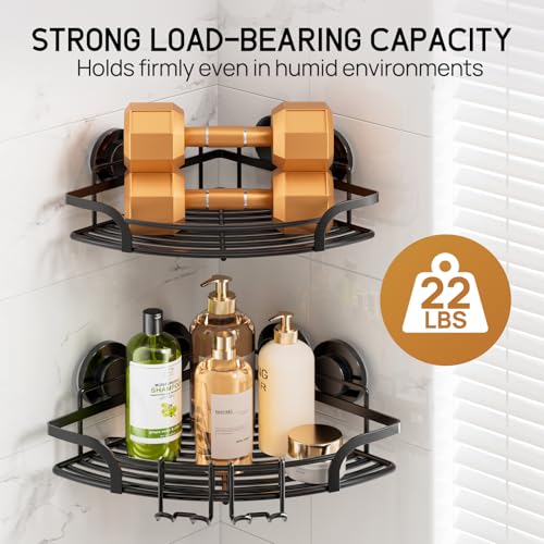 LEVERLOC 2 Pack Strong Suction Cup Corner Shower Caddy, Large Capacity Removable Bathroom Organizer, Stainless Steel Rustproof Shower Shelves with Hook, Drill-Free Wall Mounted Suction Basket, Black - style: Corner 90°, Black