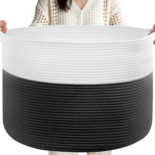XXL Large Laundry Basket, 90L Soft Cotton Rope Basket, Blanket Storage and Organizers, Baby Nursery Laundry Hamper, Extra Large Toys Storage Bins for Kids 23'' x 13'', White & Black - color: Black & White, size: 90L