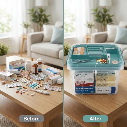 Pulseplay Clear Medicine Organizer Storage Box with Handle Medicine Organizer Box with Removable Tray Multipurpose Medicine Container Chest (Green) - color: Green