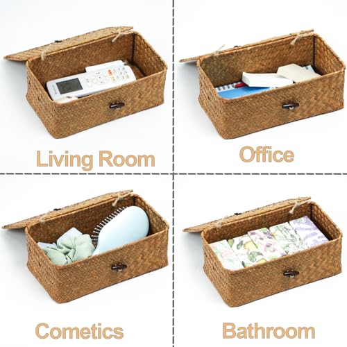 Set of 2 Wicker Basket with Lid, Seagrass Woven Basket for Storage, Decorative Storage Baskets Bins for Organizing Home - size: 10.23" x 6.3" x 4.13"+ 9.05" x 5.11" x 3.34"