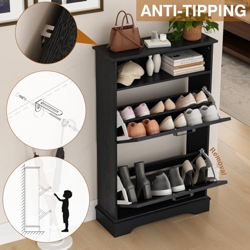 Shoe Storage Cabinet with 2 Flip Drawers, 24" W Farmhouse Modern Hidden Shoes Rack Cabinet with Adjustable Shelves & Open Storage, Narrow Slim Shoe Organizer for Front Door Entrance, Entryway, Black - color: Black, size: 2-Drawers