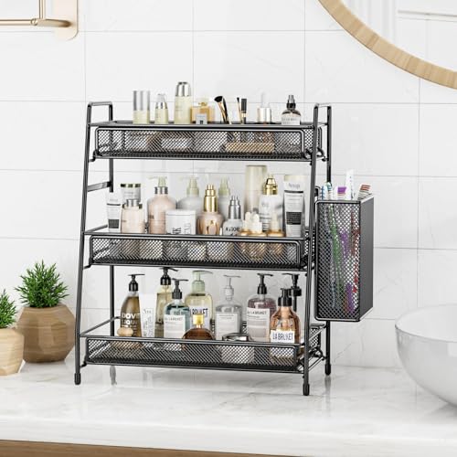 EKNITEY Bathroom Countertop Organizer Shelf - 3 Tier Counter Spice Rack Metal Makeup Rack Small Coffee Station Organizer for Sink/Bedroom/Living room/Kitchen/Office - color: Black with Basket