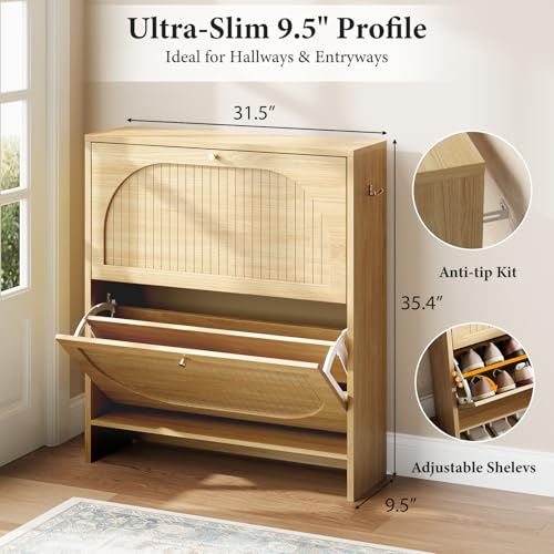 Nicetree Arch-Chic Shoe Cabinet for Entryway, Modern Mid-Century Shoe Storage Cabinet with Fluted, Narrow Shoe Rack with Adjustable Shelves & Tipping Protection, Fits Men's Size 13.5 Shoes - color: Natural Light Oak, style: 2 Flip Drawer - Fluted Arch