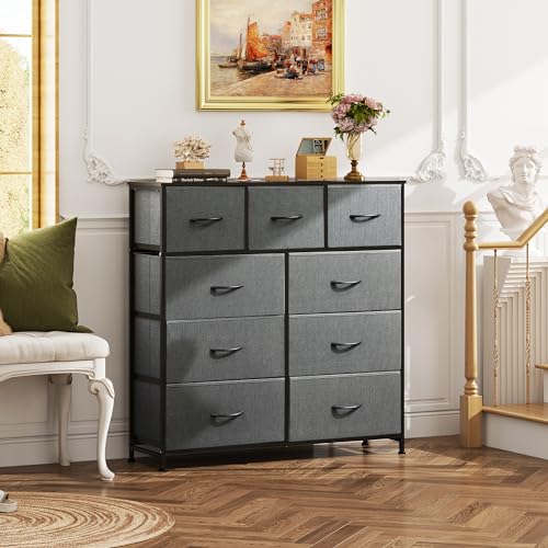 WLIVE 9-Drawer Dresser, Fabric Storage Tower for Bedroom, Hallway, Entryway, Closet, Tall Chest Organizer Unit with Fabric Bins, Steel Frame, Wood Top, Easy Pull Handle, Dark Grey - color: A-dark Grey