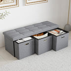 43''W Storage Ottoman Bench with 3 Drawers, Folding Ottoman Foot Rest with Storage, baul para habitacion, Entryway Bench, End of Bed Bench, Grey - size: 14.5"D x 43.3"W x 15"H