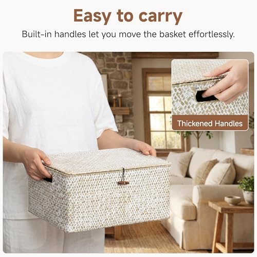 StorageWorks Wicker Baskets with Lid, Seagrass Storage Baskets for Shelves, Decorative Box with Built-in Handles,White - color: White(Seagrass), size: 15"L × 11"W × 7"H