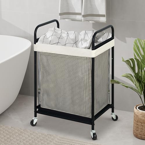 STO STO Laundry Hamper, 90L Rolling Laundry Sorter Cart with Removable and Washable Liner Bag, Clothes Hamper with Wheels and Metal Handle for Laundry Room and Bedroom - color: Beige, size: 1-Section
