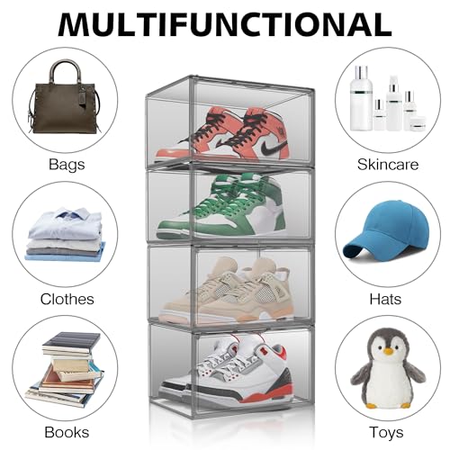 12 Pack Large Shoe Organizers Storage Boxes for Closet Clear Plastic Stackable Shoe Box Storage Bins with Lids, Under Bed Shoe Containers for Entryway, Size 12 Gray - color: Black, size: Medium