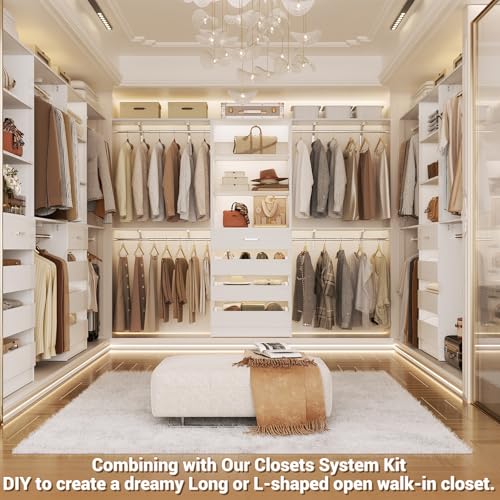 Aheaplus Closet System with Drawers Set of 2, Wood Closet Organizer System with 8 Hanging Rods & Top Shelves, Walk-in Closets Organizer Wardrobe Clothes Rack System, Cut Fits Spaces 4-9FT. Wide, White - color: White-2Sets