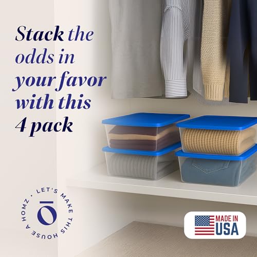 HOMZ 4-Pack Snaplock, Small Clear Plastic Storage Organizer Bins w/Lids, 12 Quart, Blue - Stackable Container Boxes for Bedroom, Bathroom, Garage, and Office Organization - color: Blue Lid, size: 12 QT (4 Pack)