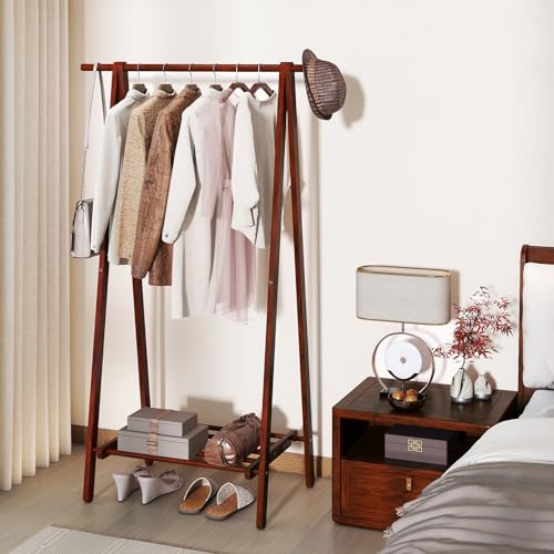 Tangkula Folding Rubber Wood Clothes Hanging Rack, Standing Garment Rack with Bottom Storage Shelf, Portable Clothing Organizer for Bedroom and Entryway (Walnut)