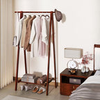 Tangkula Folding Rubber Wood Clothes Hanging Rack, Standing Garment Rack with Bottom Storage Shelf, Portable Clothing Organizer for Bedroom and Entryway (Walnut)