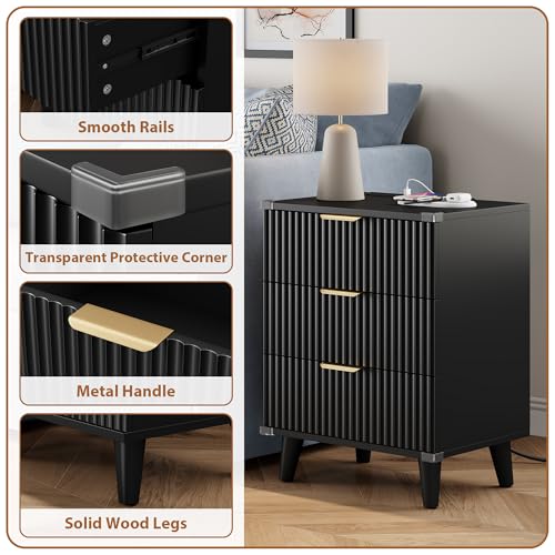 Lulive Wood Nightstand Set of 2 with Charging Station, 3 Drawers Fluted Design, Modern End Table for Bedroom Black - color: Black, size: 3 Drawers-Set of 2 Nightstand