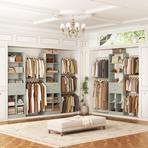 Besiost Closet System, 4-8 FT Closet Organizer Tower with 2 Wooden Drawers and Shelves, Can Fit 60 to 96 inch Walk-in Closet System with 5 Hang Rods, Built-in, Crab Green - color: Crab Green