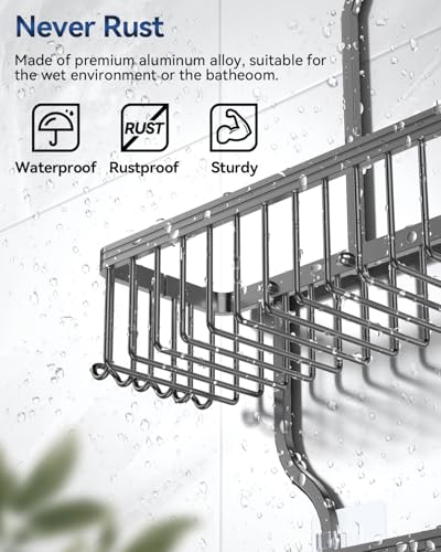 YASONIC Shower Caddy Hanging - Never Rust Organizer - Aluminum over The head caddy with 10 Hooks for Razor/Sponge - Shower Rack with Soap Basket - Grey - color: Grey