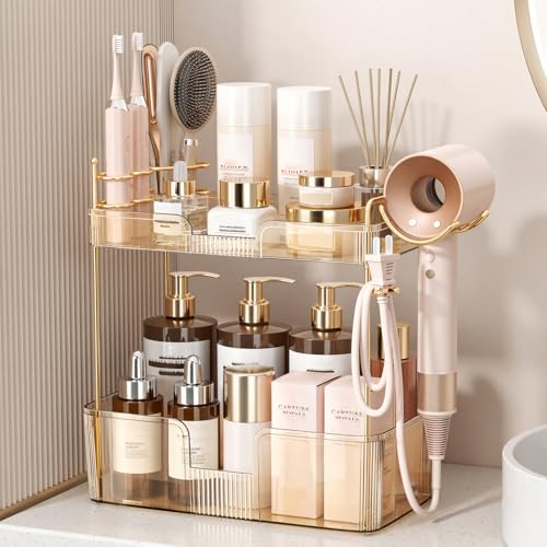 Bathroom Counter Organizer for Vanity, Makeup Organizer Countertop with Holder, Large Capacity Storage Rack, Perfect Large Skincare, Hair Care, Perfume, Easy to Install (Gold, 2Tiers) - color: Amber, size: 2 Tiers