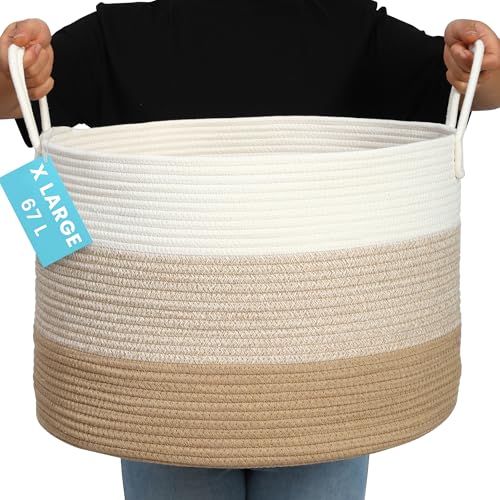 OrganiHaus Large Woven Storage Basket for Blankets and Toys 20" x 13" Inch, Rope Laundry Basket with Handles, Cushions & Pillows Storage Bin, Nursery Hamper, Soft Round Dog Toy Bin - Honey - color: 3-toned Honey, size: Wide