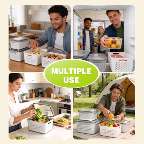 6 PCS Fruit Storage Containers for Fridge with 6 Removable Colanders, BPA Free Fruit Containers for Fridge, Dishwasher & Microwave Safe Produce Containers Keep Fruits, Vegetable, Berry Fresh Longer - color: 6PCS White