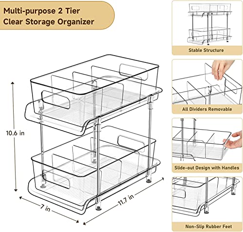 HIHEGD 2 Tier Bathroom Storage With Dividers, Clear Under Sink Pull Out Organizer for Kitchen Pantry, Medicine Cabinet - color: C-Clear-1Pc