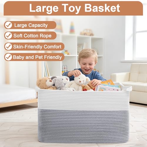 105L XXXL Large Blanket Basket, Rectangular Cotton Rope Basket, Laundry Hamper for Blankets, Pillows, Extra Large Toys Storage Bins for Kids, Dogs 25" x 16" x 16", White & Gray - color: Gray & White, size: 25" x 16" x 16"