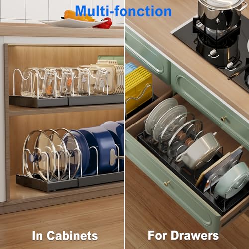Mustorn 2 Pack Pots and Pans Organizer under Cabinet, 22" Expandable Food Storage Container Lid Organizer with 9 Adjustable Stainless Steel Dividers, ABS Base, Countertop Rack, Black - color: Black(Expandable), size: 2 Pack