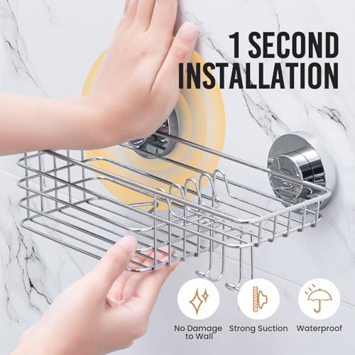 LEVERLOC Shower Caddy Suction Cup, 3 Pack Heavy Duty Bathroom Organizer For Inside Shower With Hooks & Soap Holder, Removable Bathroom Organizer, Rustproof Silver Holder Storage,Silver - color: 3 × Silver
