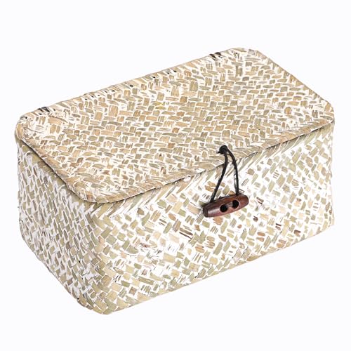Hipiwe Mini Seagrass Basket with Lid Decorative Shelf Basket Box Multipurpose Desktop Organizer, Whitewash 7.0" x 4.3" x 3.3" - color: Whitewash color, size: 7.0" x 4.3" x 3.3"