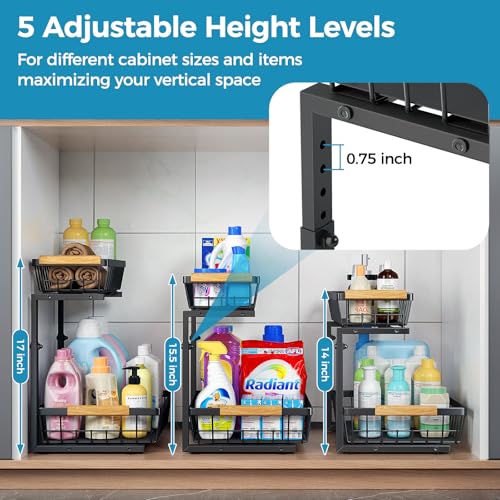 Under Sink Organizer, 2 Pack 2 Tier Under Sink Organizers and Storage, Pull Out Slide Out Under Cabinet Organizer Shelf, Large Metal Sliding Drawers Rack for Kitchen Bathroom.