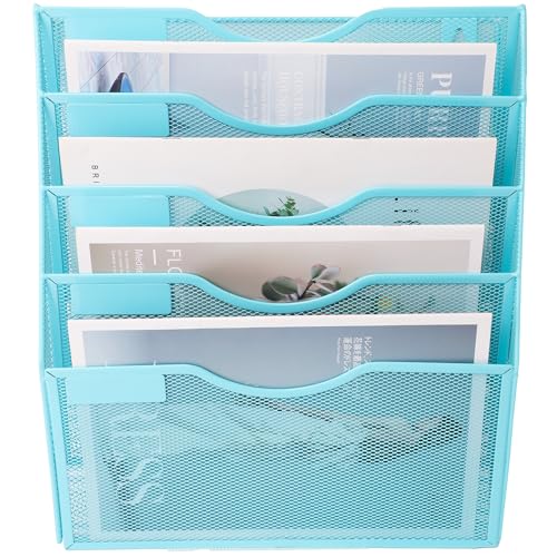 EASEPRES 5 Pocket Mesh Hanging Wall File Organizer, Wall Mounted Mail Paper Document Folder Holder, Clipboard Storage Organization Magazine Rack with Nametag Label for Office Home School, Blue - color: Blue, size: 5 Tier