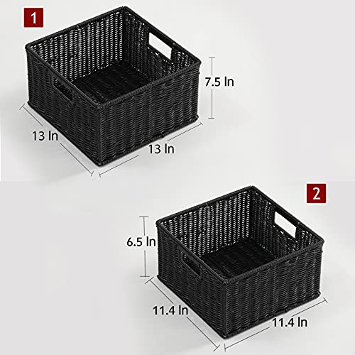 HOONEX Wicker Storage Baskets for Organizing, Decorative Woven Baskets for Storage with Carrying Handles, Set of 2, Black - color: Black, size: 13 x 13 x 7.5 inches