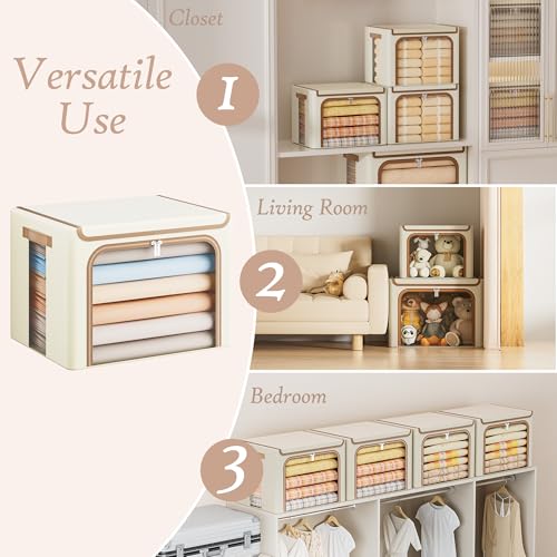 Yecaye Clothes Storage Bins with Metal Frame, Foldable Clothing Storage Bin with Lid, Stackable Oxford Fabric Organizer Box With Clear Window & Zippers & PU Leather Handles (3 Pack,Beige,40L) - color: Beige, size: Medium(3 Pack)
