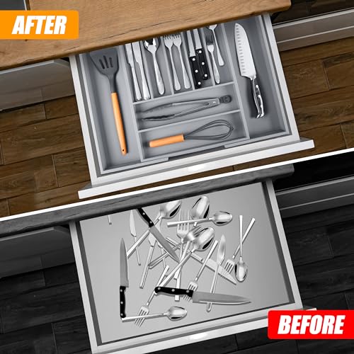 Kitchen Silverware Drawer Organizer and Storage Cabinet Utensil Rack Bathroom Counter Vanity Extra Large Big Cooking Drawer Organizers Countertop Pantry Storage Cabinet Best Kitchen Must Haves 2025 - color: Gray, size: 9 Slots Expandable