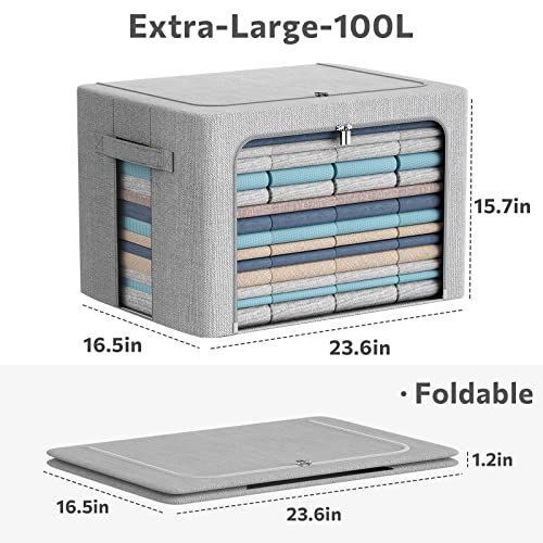 CYhom 2Pack Extra Large Clothes Storage Bins Box - Linen Fabric Foldable Stackable Container Organizer Set with Clear Window & Carry Handles & Metal Frame (Light Grey, Extra Large-100L) - color: Light Grey, size: Extra Large-100L