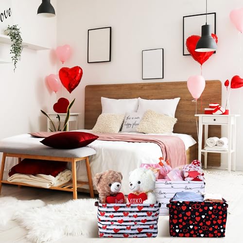 Geelin 3 Pcs Valentines Baskets Storage Valentine's Day Basket for Gifts Collapsible Waterproof Canvas Red White Black Heart Storage Bin Organizer with Handles for Book Closet Shelf Nursery Decor - style: Valentines Red White Black