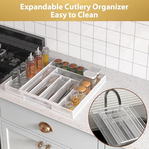 Sedegn Silverware Organizer Metal Mesh, Large Drawer Organizer, Utensil Cutlery Tray for kitchen drawers, Expandable Flatware Organizer with 8 Compartment White 11.6"~20" x 17.3" - color: White, size: Expandable 11.6"~20" x 17.3"