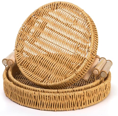 GIB Small Round Rattan Serving Trays with Handles, Decorative Woven Wicker Baskets Serving Trays for Coffee Table Decor, Bread, Fruit, Snacks, Set of 3 - color: Round - Set of 3