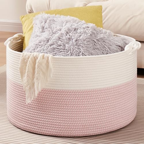 OIASKET Large Blanket Storage Basket for Living Room, 22.8" x 22.8" x 13" Woven Cotton Rope Basket with Handles, Baby Toy Storage, Laundry Hamper for Clothes, Pillows, Towels-Pink and White - color: Pink & White, size: 90L