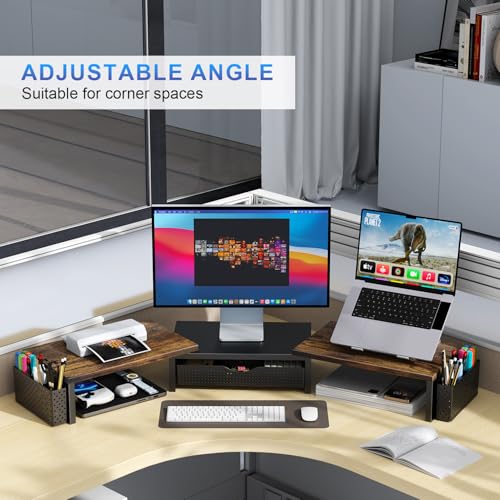 gianotter Dual Monitor Stand Riser, Desk Organizer With Drawer and 2 Pen Holders,Computer Monitor Stand, Desk Shelf for Top of Desk, Wood - color: Wood