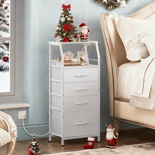 WLIVE Night Stand with Charger Station, White Nightstand with LED Light and 4 Storage Drawers, Tall Dresser for Bedroom, 37.48" H Bedside Table with Fabric Bins, Wood Shelf - color: White, size: 4 Drawers