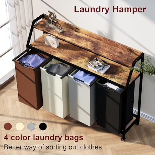 Timberer Laundry Hamper, Laundry Sorter 4 Section, Rolling Laundry Basket with Wheels, 2 Shelves, 4 × 14.5 Gal, Pull-Out and Removable Oxford Fabric Bags, for Laundry Room, 4 Colors - color: Multicolored, size: 4 Bags (54.3"L x 12.9"W x 41.7"H)