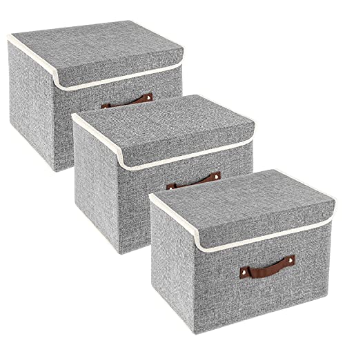 TYEERS Collapsible Storage Boxes, Washable Fabric Storage Bins with Lids, 14.9x9.8x9.8 inches, 3 Pack, Gray - color: Gray, size: 3-pcs 14.9x9.8x9.8 in