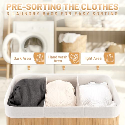 Aliphon 150L Laundry Hamper with lid, 3-Section Clothes Laundry Basket with Handles, Large Collapsible Bamboo Baskets for Bedroom, Bathroom, Dorm, Natural Beige - color: Natural Beige, size: 150L