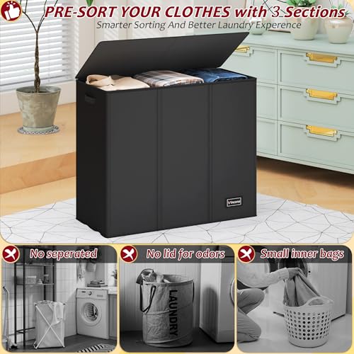 195L Laundry Hamper 3 Section,Large Laundry Hamper with Lid,Dirty Clothes Hamper with 3 Inner Bags,Collapsible Laundry Basket Organizer for Laundry Room,Bedroom,Laundry Sorter Hamper 3 Compartment - color: Black, size: 195L