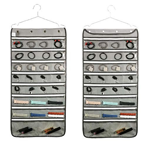 Dual Sided Hanging Jewelry Organizer with Hanger for Closet Necklace Earrings Bracelet Ring Travel Holder (56 Zippered Clear Pockets Grey)