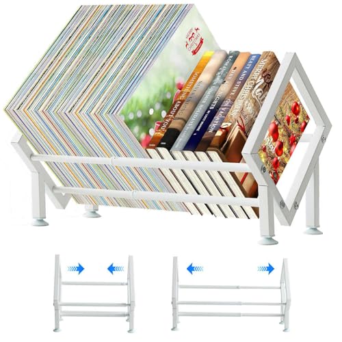 ENCIMART Tabletop Bookshelf Organizer, Adjustable Desk Shelf for Top of Desk in Living Room, Home, Office, Stainless Steel Tilting Bookcase Desktop Storage Book Rack for Magazine/CDs/Books Display - color: White-1